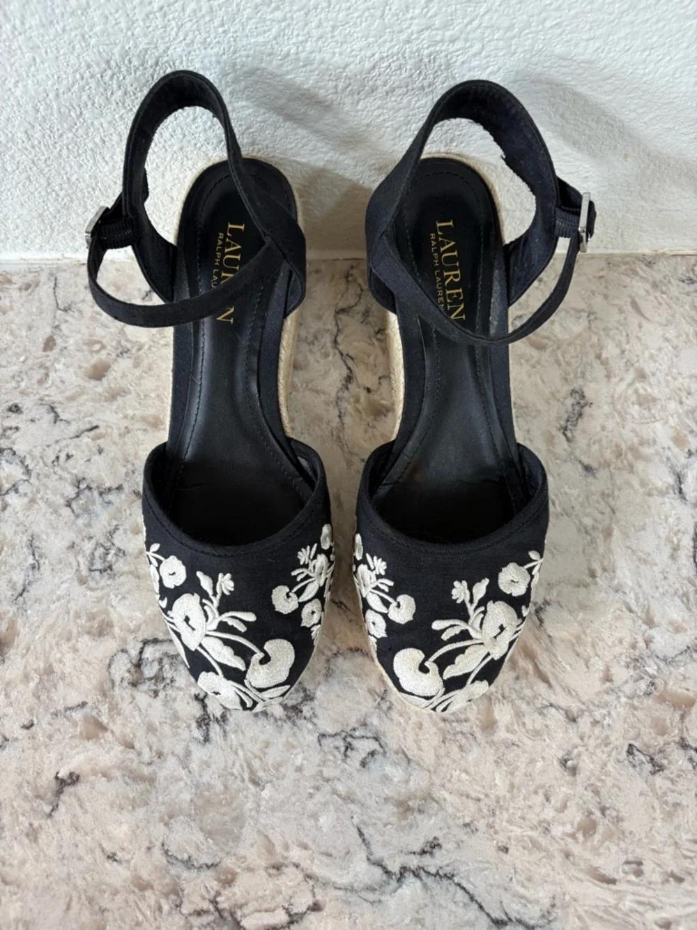 Lauren Ralph Lauren Black Espadrille Wedges with White Floral Embroidery